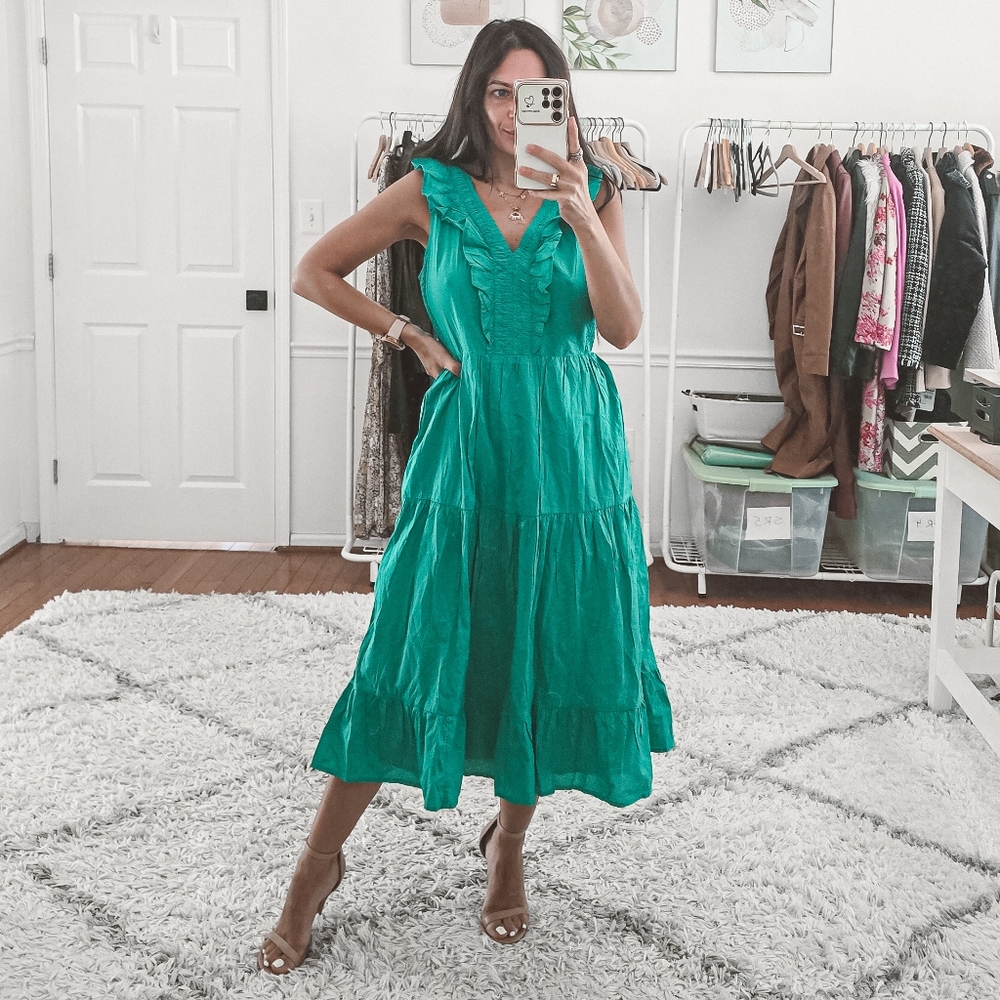 J.Crew Factory Green Ruffle Tiered Midi Dress NEW Size 6